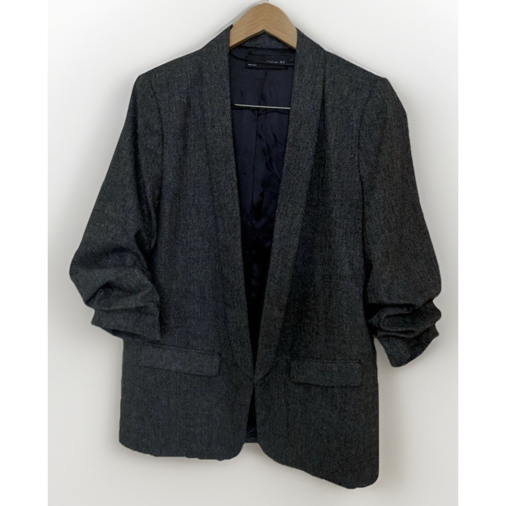 Zara Woman XL Gray Herringbone Ruched Sleeves Blazer Preppy Staple Classic $119 - Picture 10 of 13